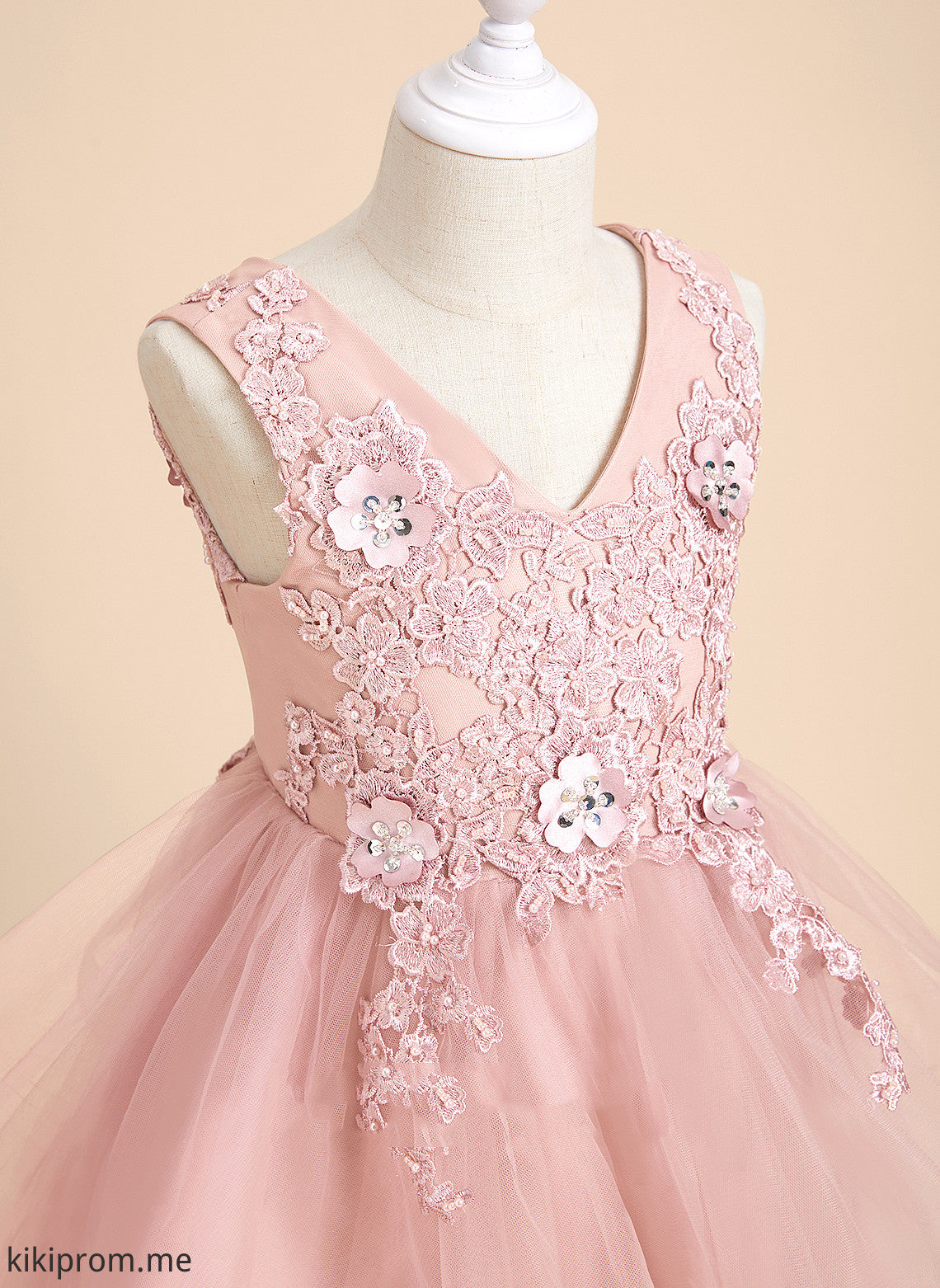 Flower Girl Dresses Sleeveless Beading/Flower(s)/Sequins Tulle/Lace Dress - V-neck With Flower A-Line Knee-length Jaylene Girl