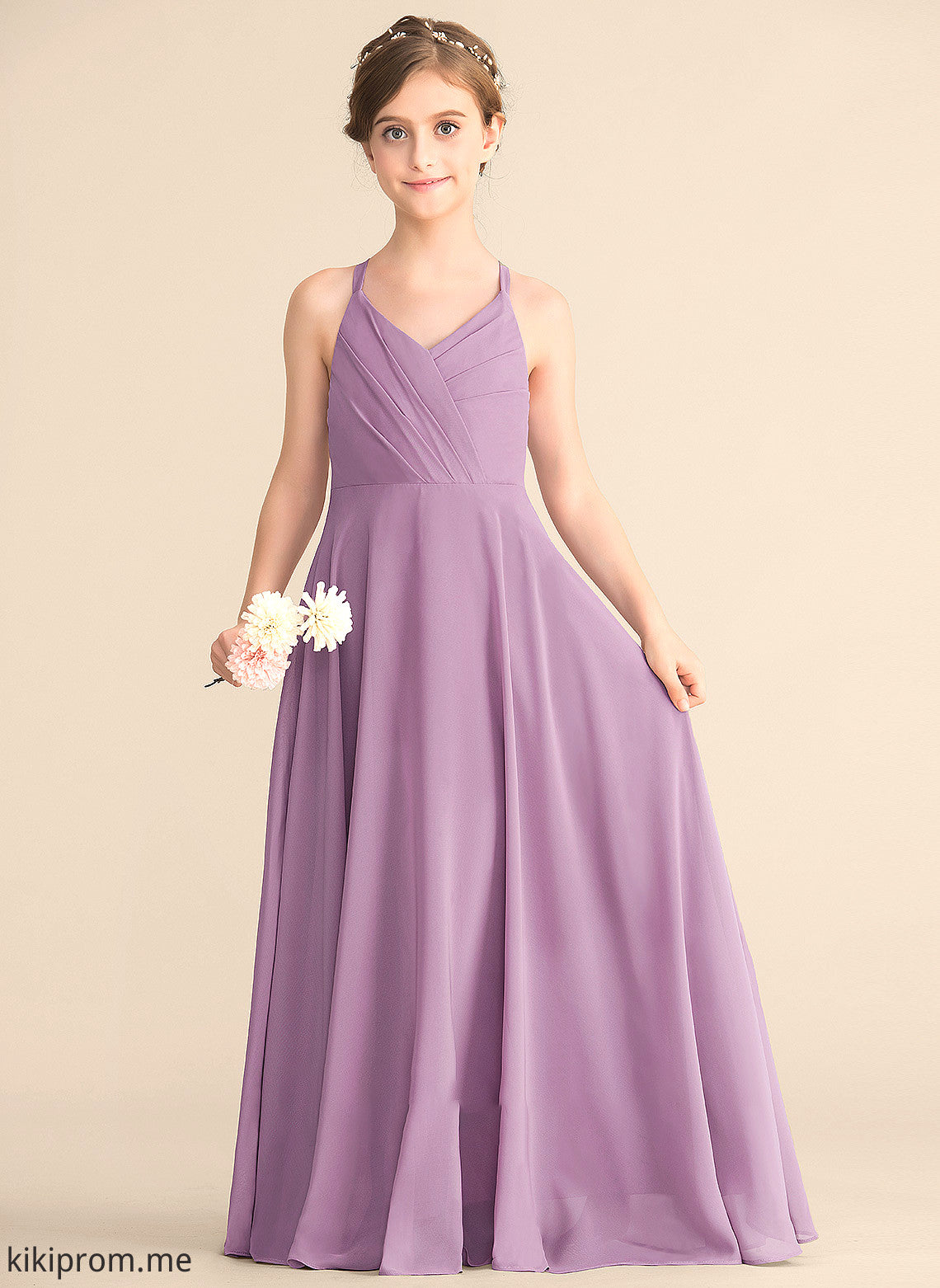 With Junior Bridesmaid Dresses Chiffon V-neck A-Line Floor-Length Cascading Ruffles Dixie