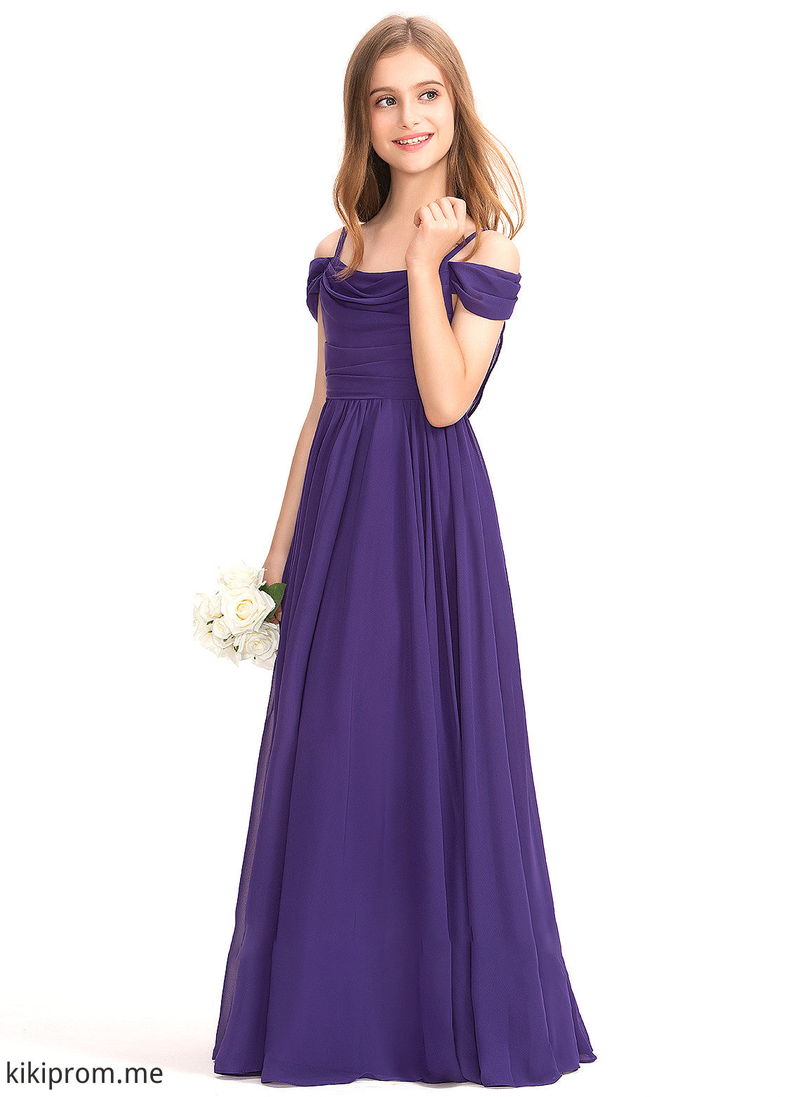 With A-Line Junior Bridesmaid Dresses Floor-Length Off-the-Shoulder Kit Chiffon Ruffle