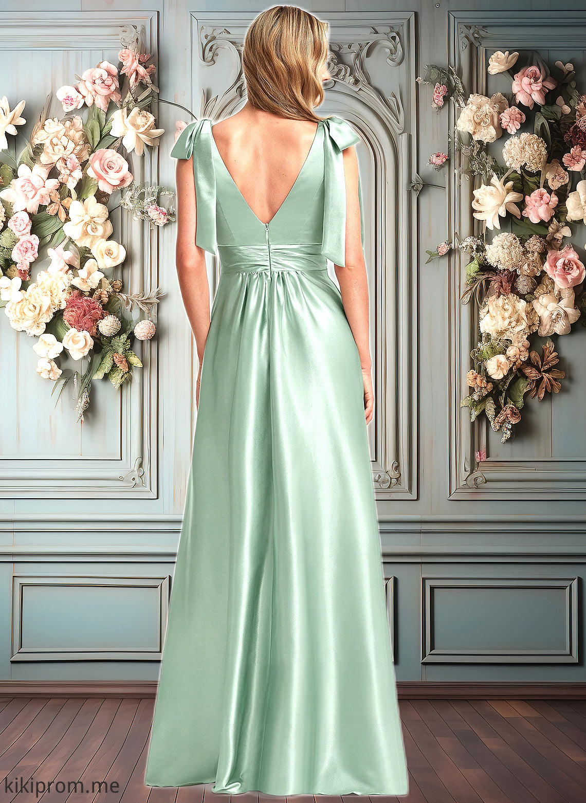 Norah A-line V-Neck Floor-Length Stretch Satin Bridesmaid Dress With Bow HFP0025737