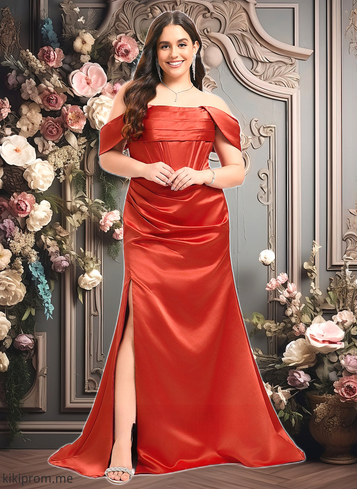 Scarlet Trumpet/Mermaid Off the Shoulder Sweep Train Satin Prom Dresses HFP0025832