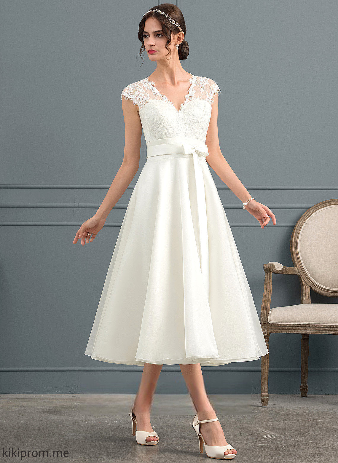 Bow(s) Tea-Length Lace With Satin Dress Wedding A-Line V-neck Fatima Wedding Dresses