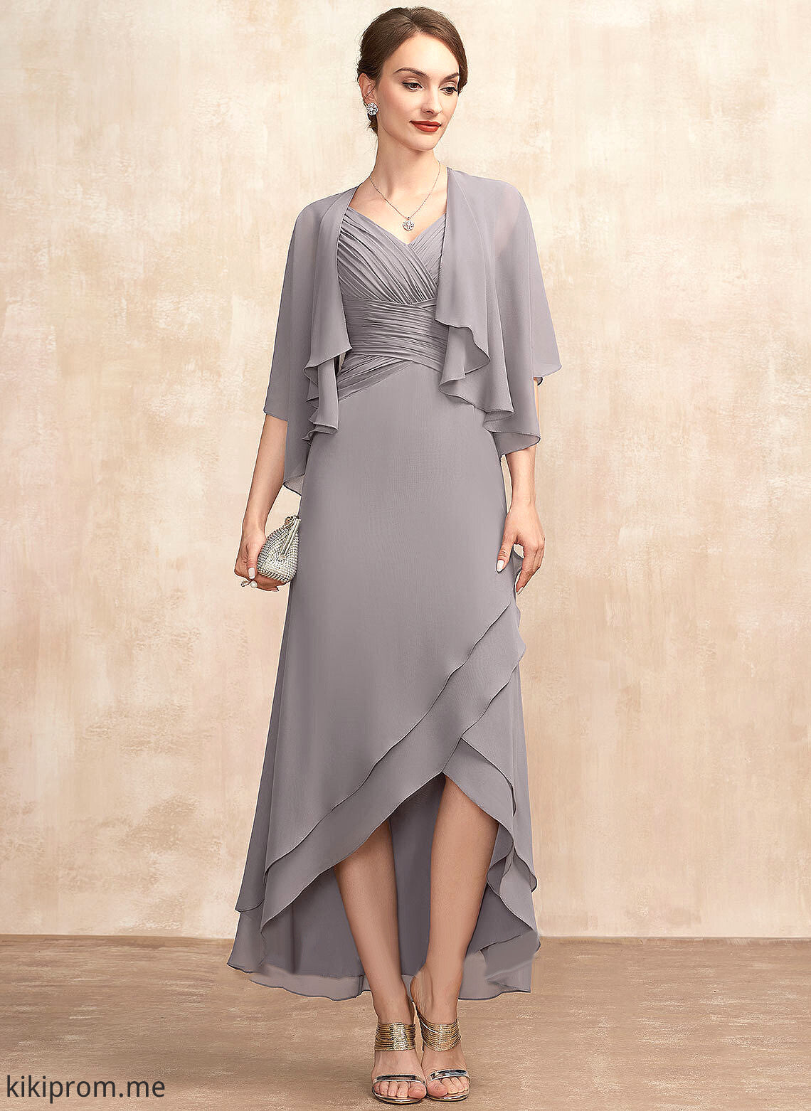 of Asymmetrical Mother Carmen Chiffon Ruffle Bride Dress A-Line Mother of the Bride Dresses the V-neck With