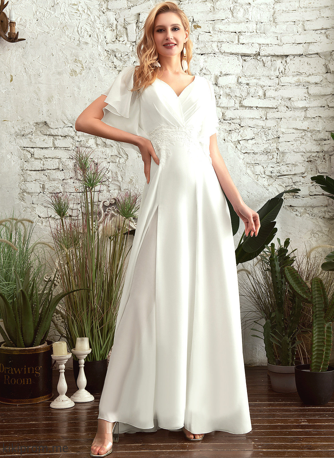 With Lace Floor-Length Nancy Wedding Dress Split V-neck Wedding Dresses Front Chiffon A-Line