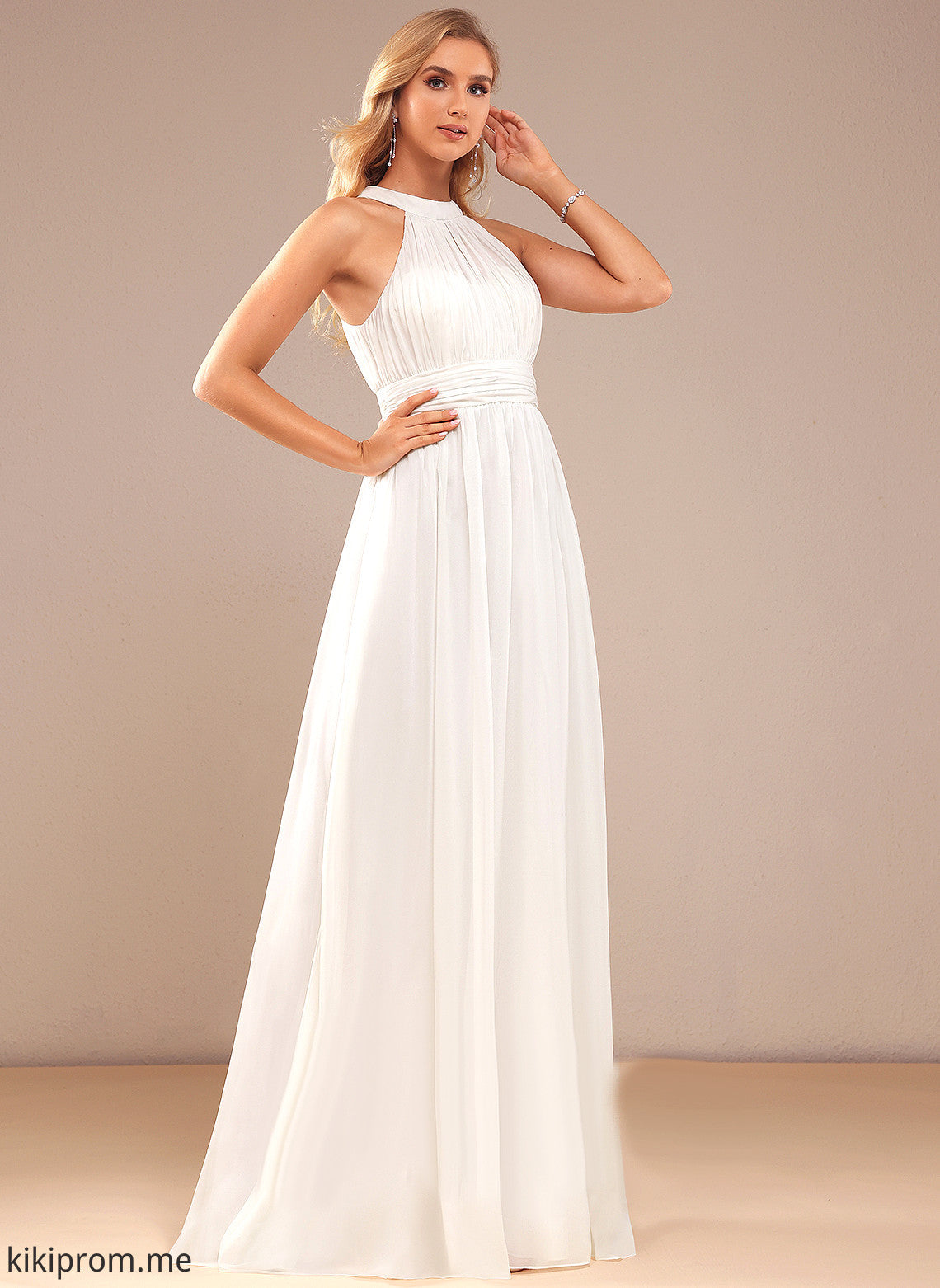 Wedding Dress Leila A-Line High Wedding Dresses Chiffon Floor-Length Ruffle With Neck