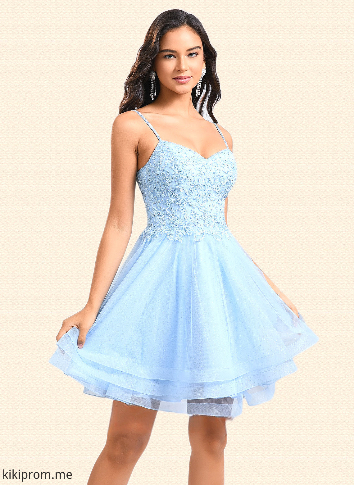 Angeline A-line V-Neck Short Lace Tulle Homecoming Dress With Rhinestone Sequins HFP0025658