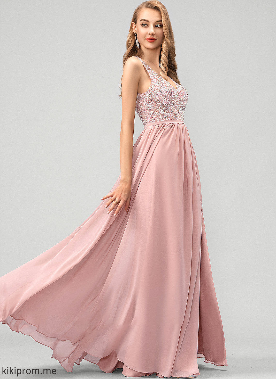 Floor-Length Front Kylee A-Line With Split Prom Dresses Chiffon Sequins V-neck Beading