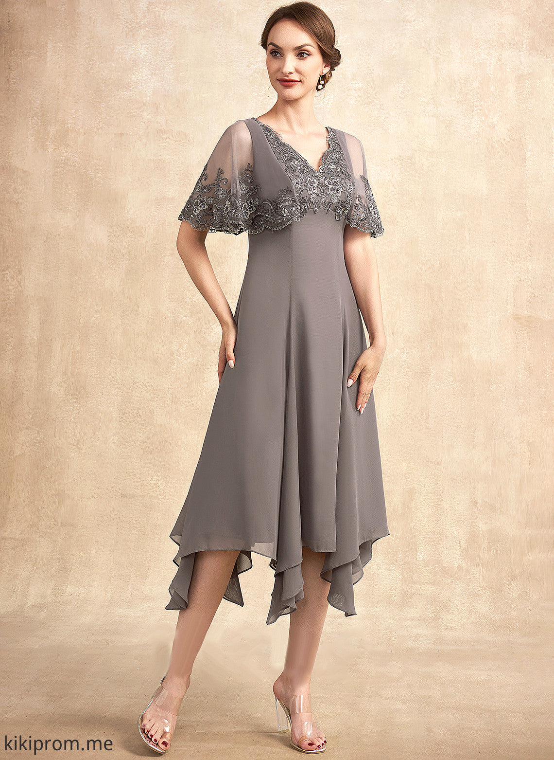 Chiffon of Mother Sequins Bride A-Line Dress Lace Emmalee Tea-Length Beading Mother of the Bride Dresses the V-neck With