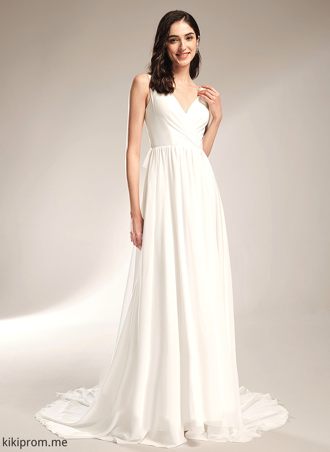 Wedding Dresses Train Lace Dress Chiffon A-Line With Elliana Court V-neck Wedding