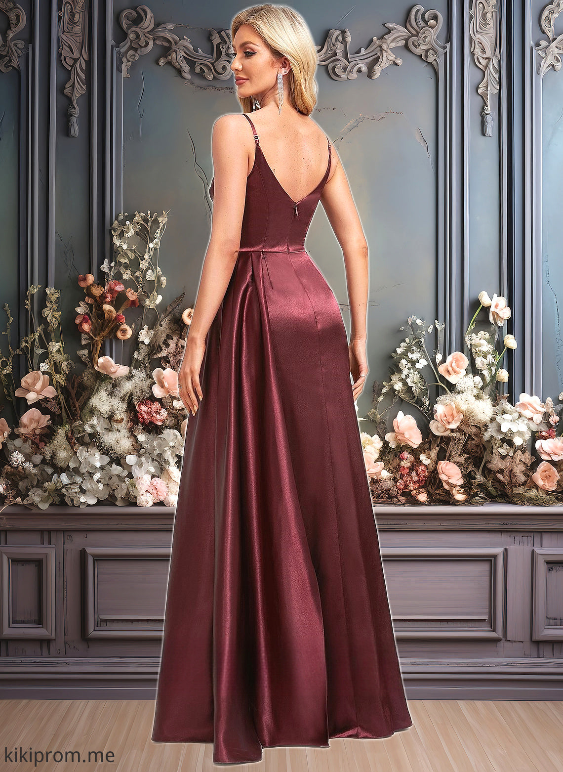 Nadine A-line V-Neck Floor-Length Stretch Satin Bridesmaid Dress With Ruffle HFP0025785