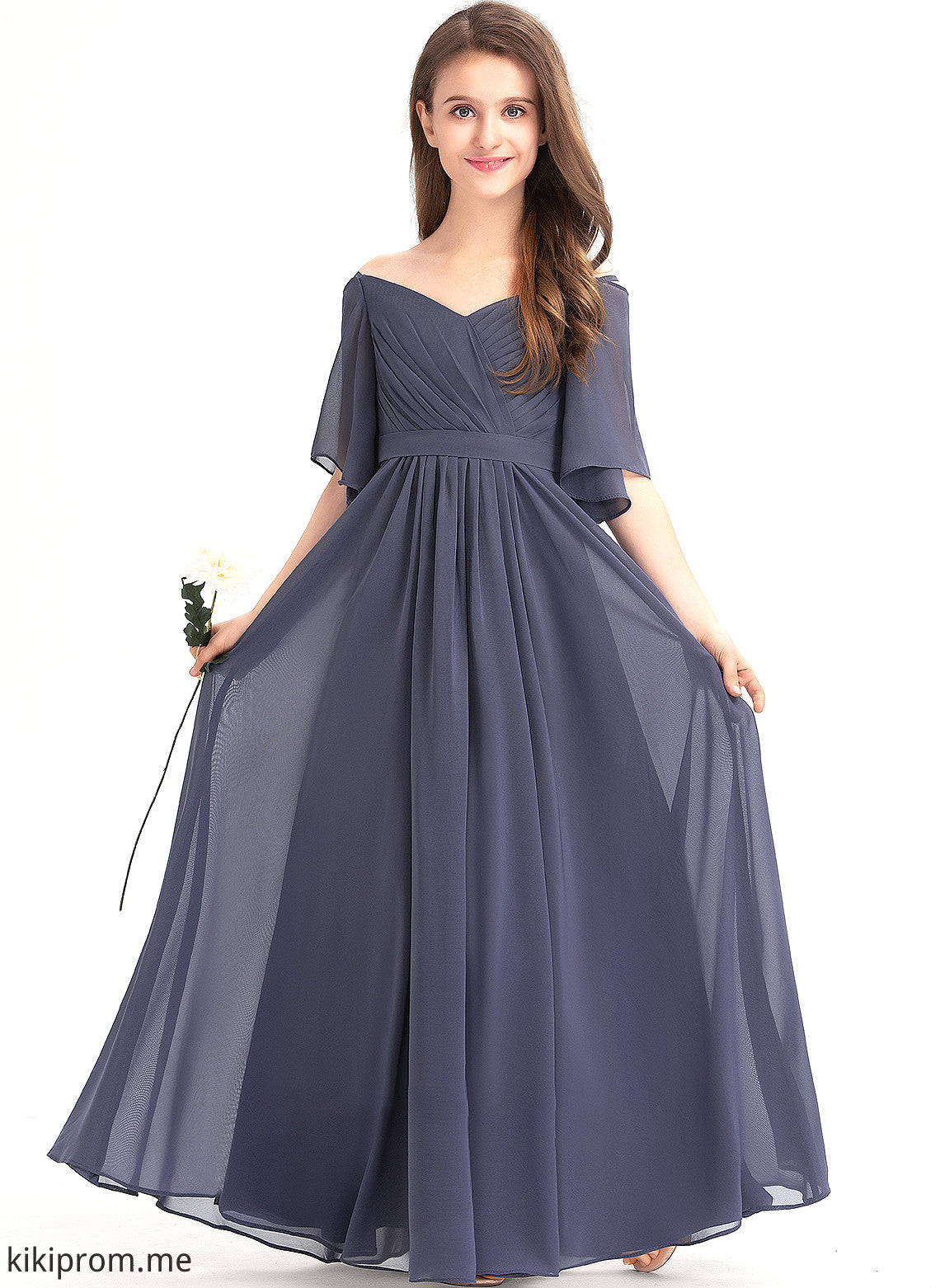 With Floor-Length Kaylyn A-Line Bow(s) Off-the-Shoulder Chiffon Junior Bridesmaid Dresses Ruffle