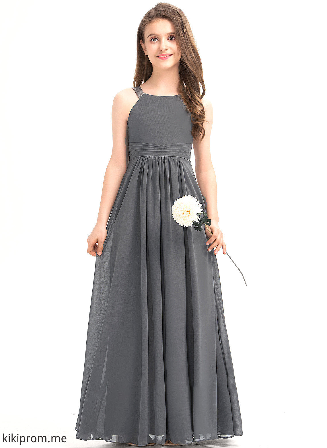 With Reese Lace Junior Bridesmaid Dresses Ruffle Floor-Length Chiffon A-Line Neck Scoop