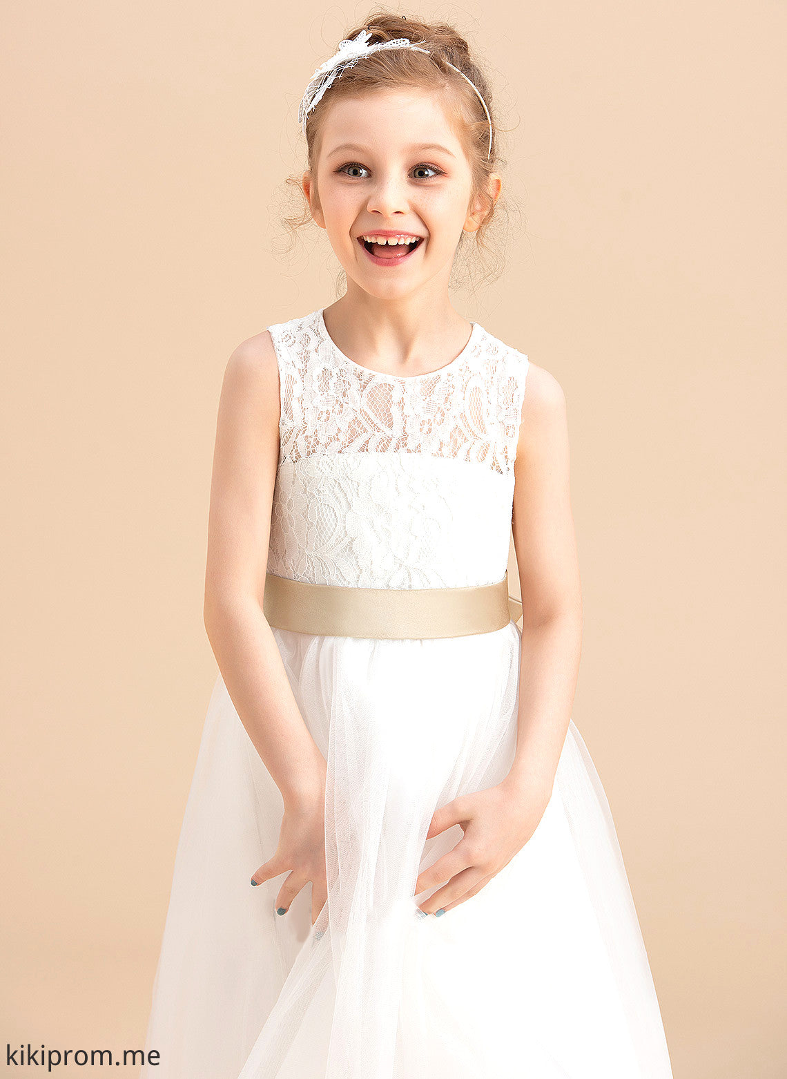 Tea-length Tulle/Lace Scoop Saniyah Dress Neck Hole With Girl A-Line/Princess Sleeveless Flower Girl Dresses Flower Sash/Bow(s)/Back