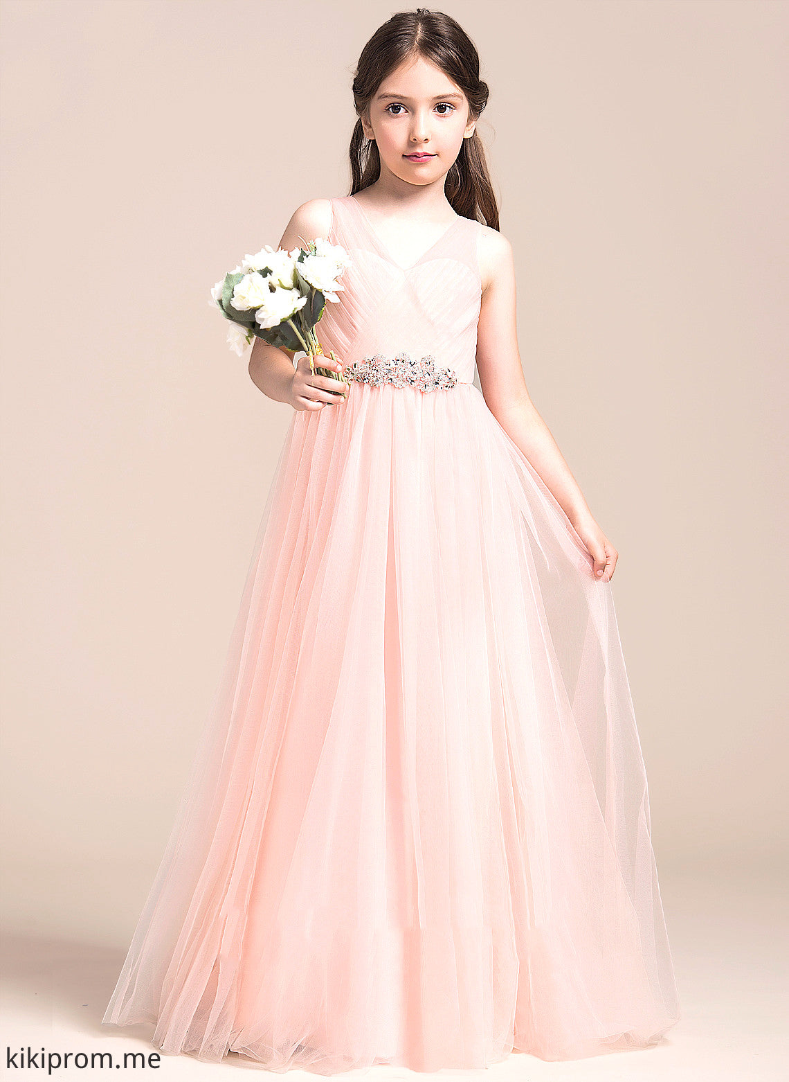 Flower Girl Dresses Dress Floor-length Sleeveless A-Line Ruffles/Beading/Sequins - V-neck Tulle With Girl Kayden Flower