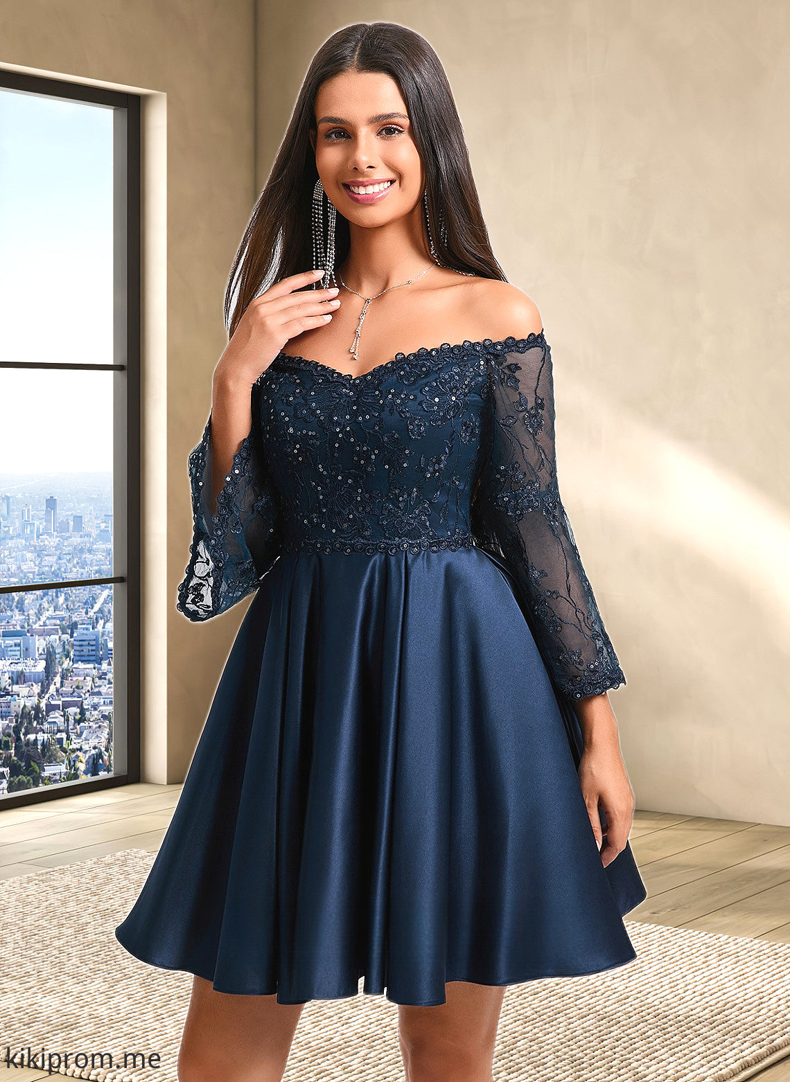 Magdalena A-line Off the Shoulder Short Satin Homecoming Dress With Sequins HFP0025651