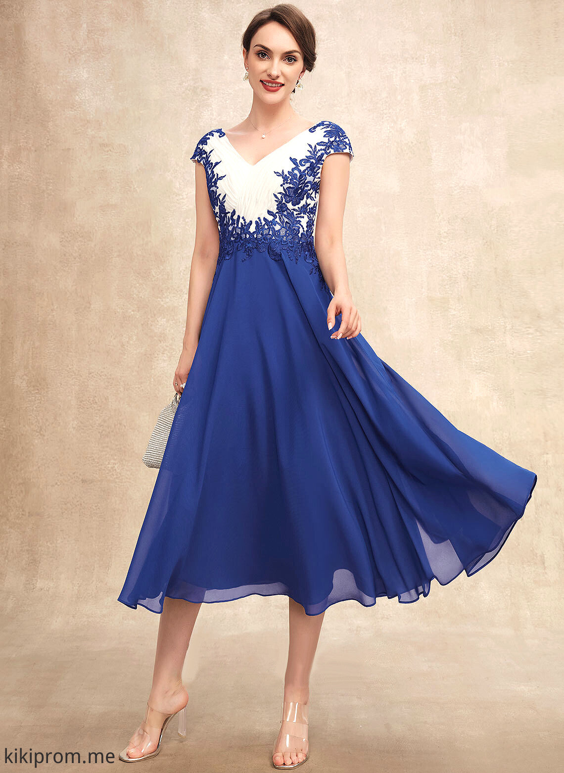 Mother of the Bride Dresses Mother Tea-Length Lace Ruffle With A-Line Dress Bride the V-neck Chiffon Wendy of