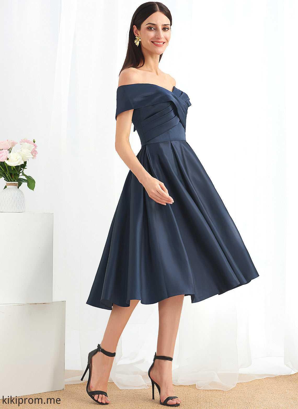 With Cocktail Dresses Off-the-Shoulder Satin Cocktail Rachael A-Line Knee-Length Dress Pockets