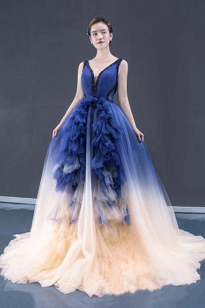 Ball Gown Ombre V Neck Tulle Royal Blue Long Prom Dresses, Quinceanera Dresses STF15067