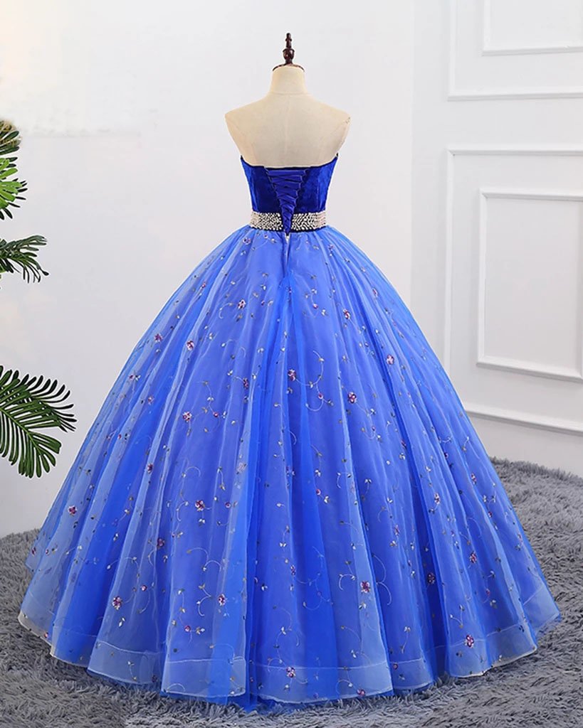 Ball Gown Sweetheart Strapless Blue Prom Dresses with Beading, Tulle Quinceanera Dresses STF15073