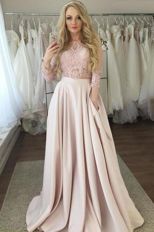 2024 3/4 Sleeves Scoop Prom Dresses A Line Satin PDY9CN6K