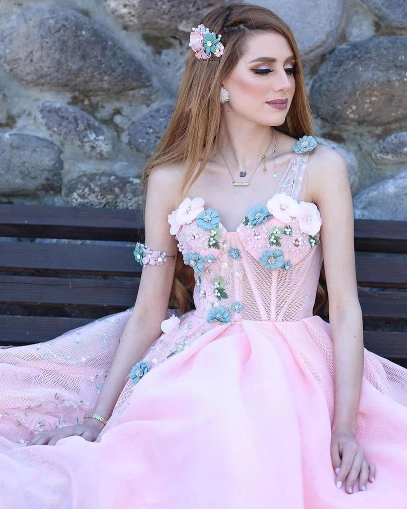 Princess Ball Gown Sweetheart Pink One Shoulder Prom Dresses, Quinceanera Dresses STF15296