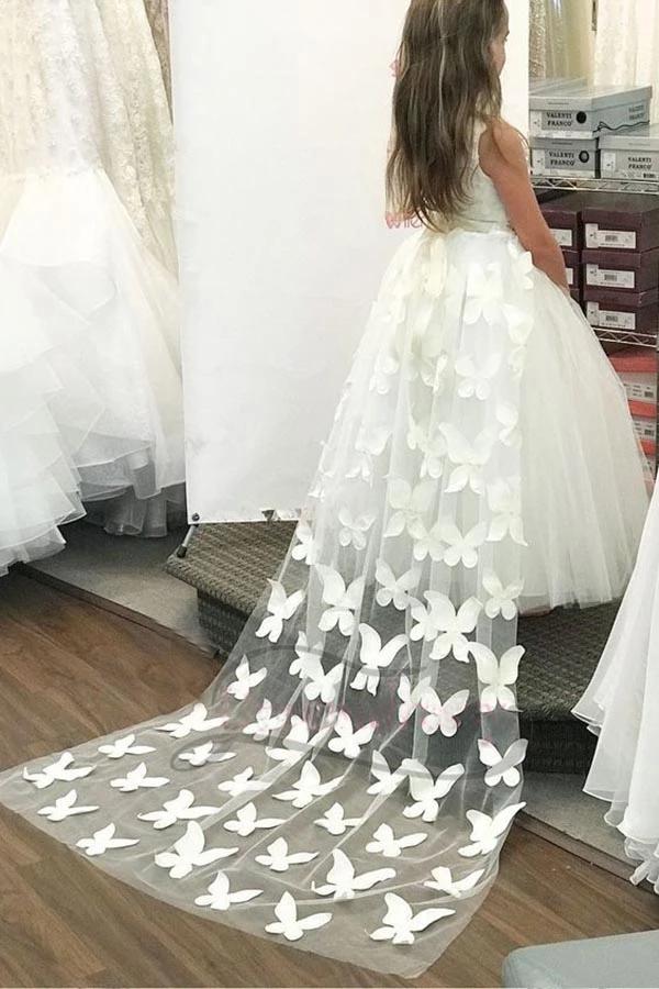 Princess A-line Ivory Long Flower Girl Dress with Flowers Train, Unique Baby Dresses STF15288