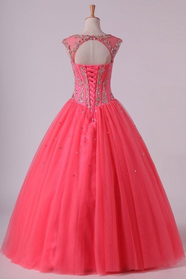 2024 Open Back Quinceanera Dresses Scoop With Embroidery & Beading Floor PFQD4KE8