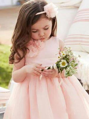 Cute Pink Tulle Flower Girl Dresses with Sash Floor Length, Round Neck Child Dresses STF15575