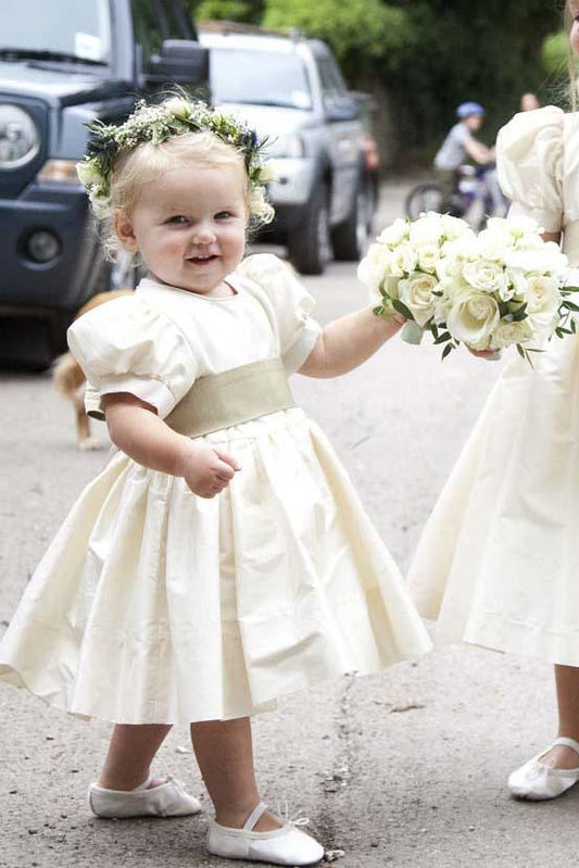 Vintage Juliet Sleeves Tea Length Round Neck Satin Flower Girl Dresses, Little Dresses STF15606