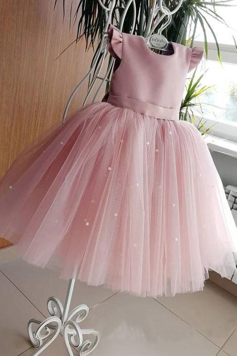 Lovely Pretty Pink Round Neck Tulle Flower Girl Dresses, Cheap Wedding Little Girl STF15258