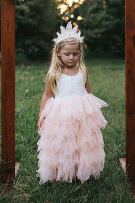 A Line Round Neck Tulle White Straps Flower Girl Dresses with Lace, Baby Dresses STF15021