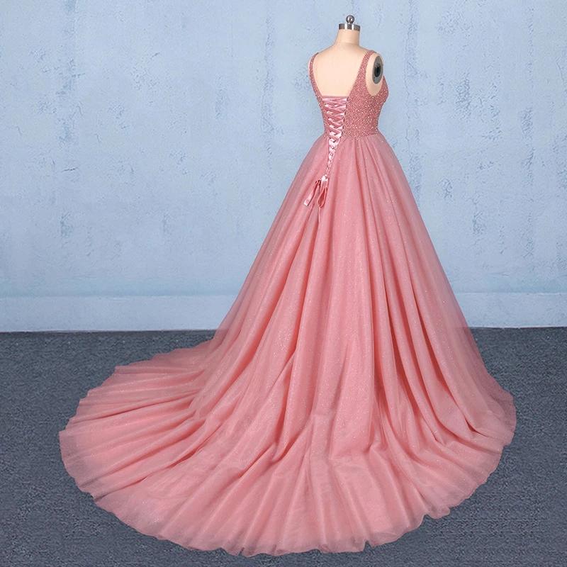 Ball Gown V Neck Tulle Prom Dress with Beads, Puffy Pink Sleeveless Quinceanera Dresses STF15074