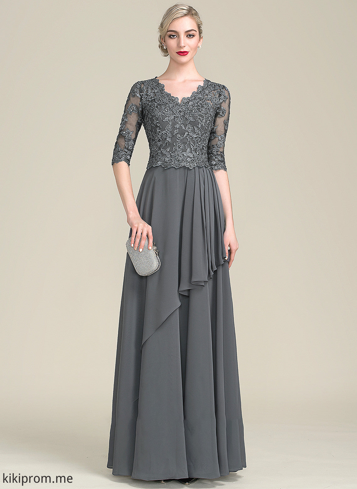 Floor-Length A-Line Chiffon Bride the Camilla Ruffles With Mother V-neck Dress of Beading Cascading Sequins Lace Mother of the Bride Dresses