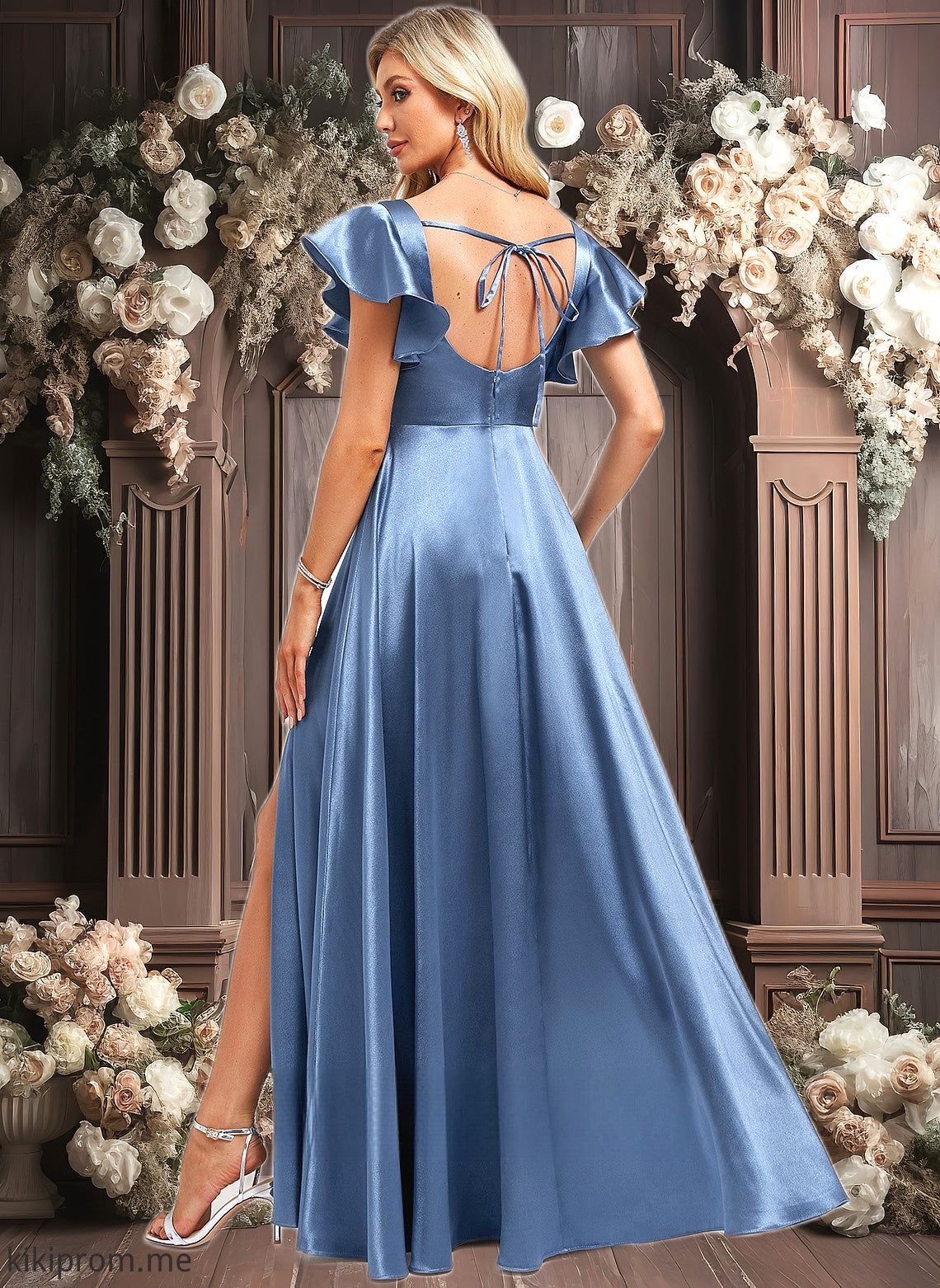 Jenna A-line Square Floor-Length Stretch Satin Bridesmaid Dress With Ruffle HFP0025769