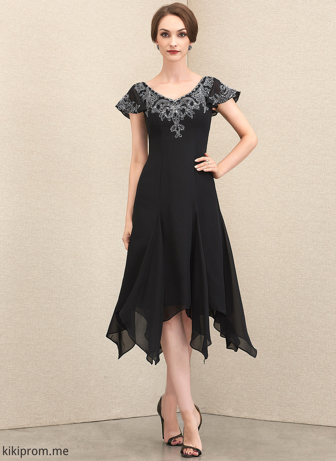 V-neck Sequins the Chiffon A-Line of Dress Tea-Length With Bride Mother Yoselin Mother of the Bride Dresses Lace