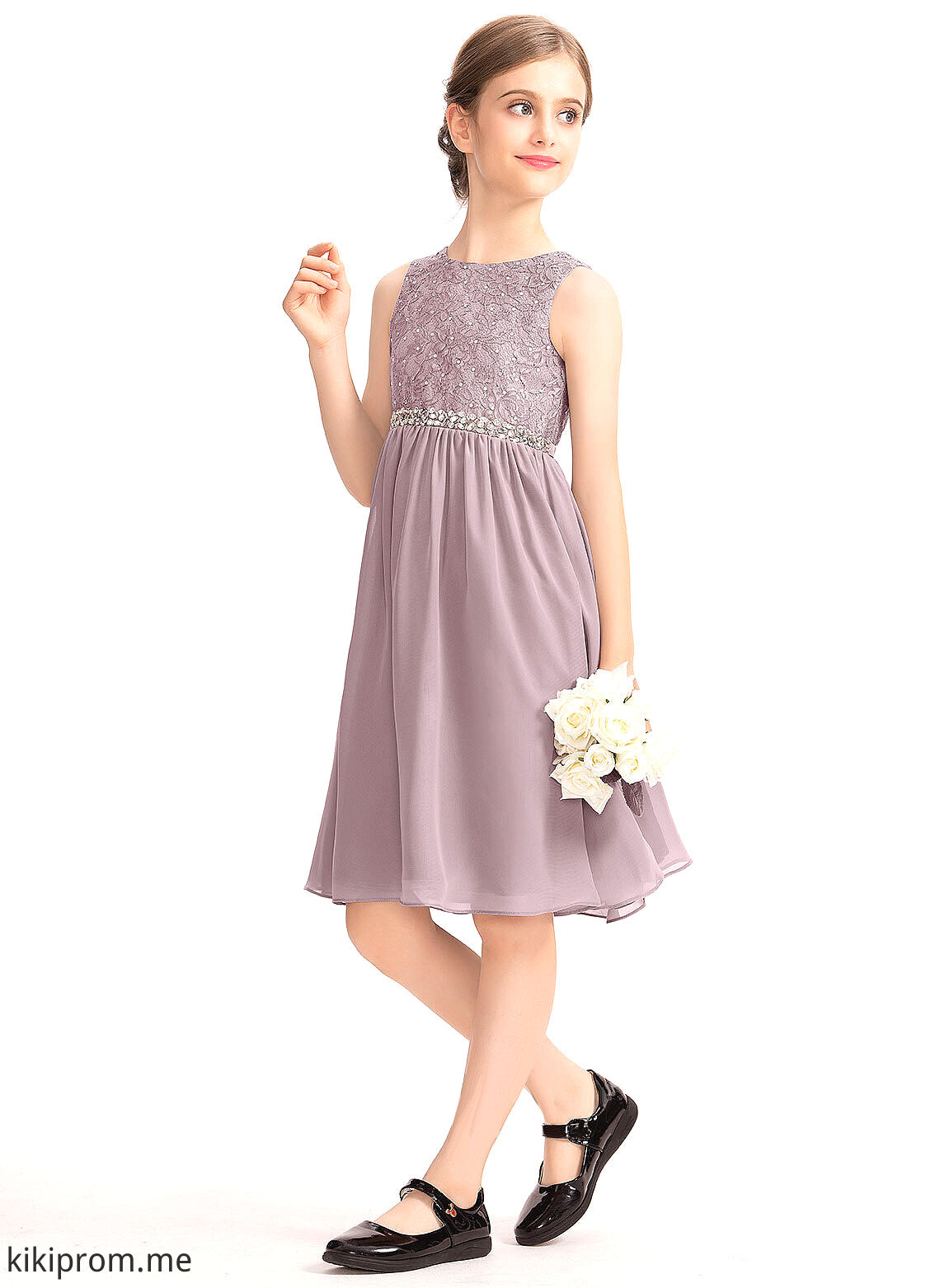 With Neck Scoop Bow(s) A-Line Junior Bridesmaid Dresses Jewel Knee-Length Beading Chiffon Lace