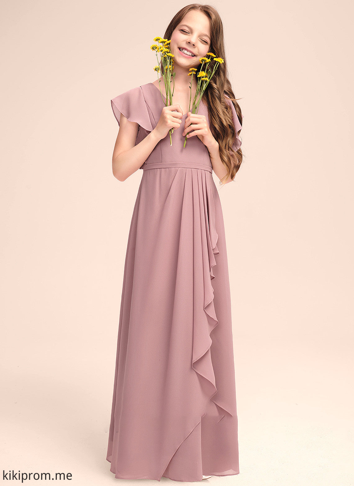 With Junior Bridesmaid Dresses V-neck Maud Chiffon Cascading Ruffles A-Line Floor-Length