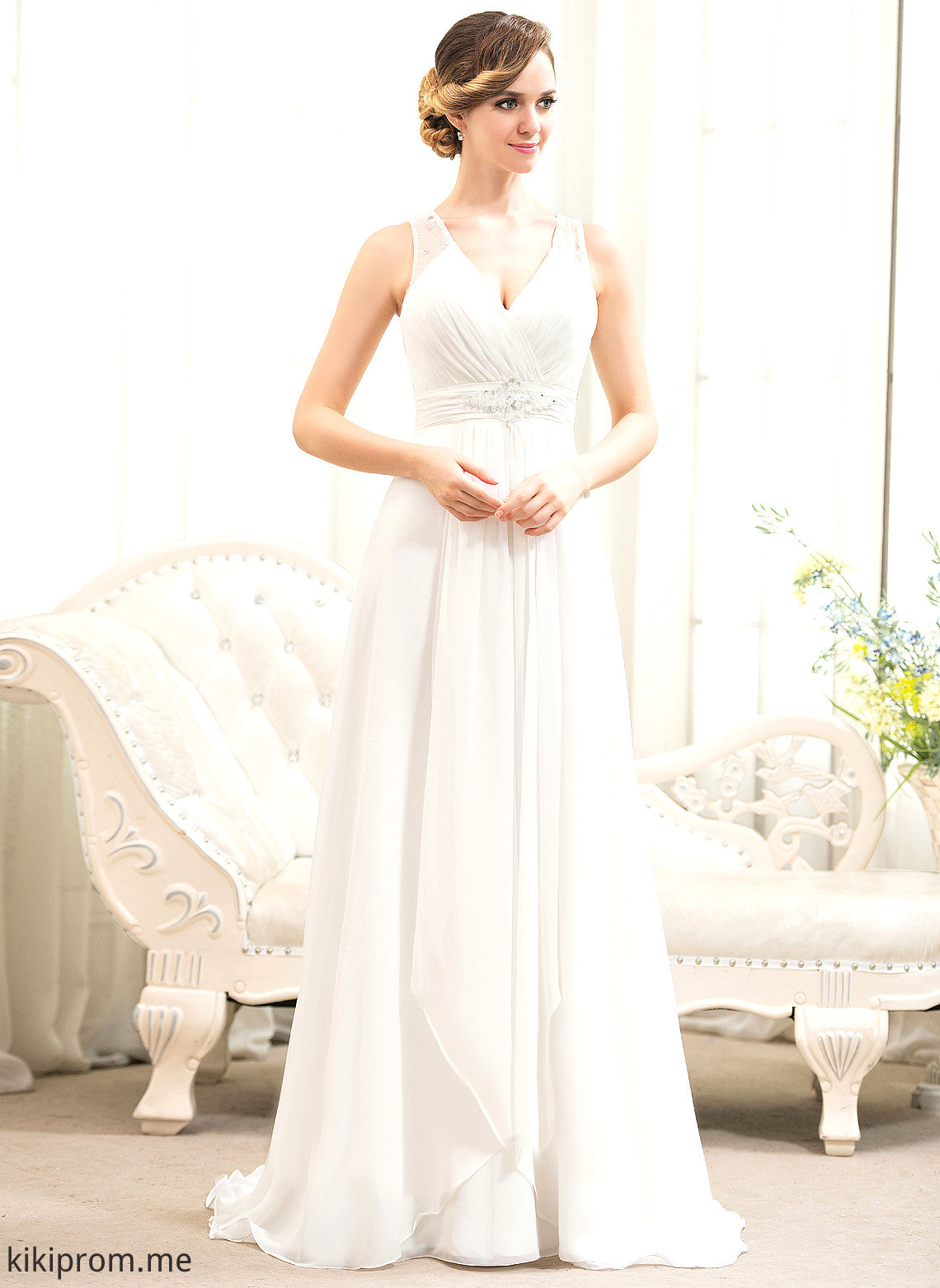 Chiffon Wedding Dresses Cascading A-Line Beading V-neck Adeline Train With Wedding Ruffles Sweep Dress Tulle Sequins