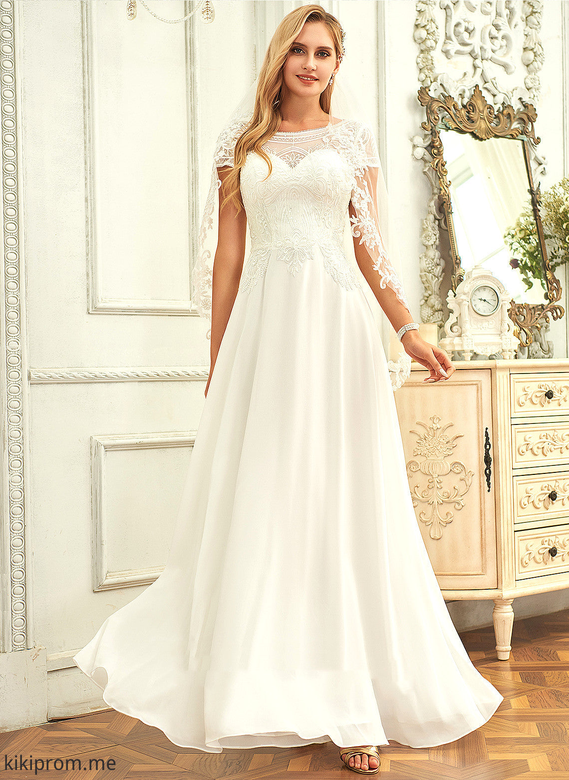 With Floor-Length Neck Kallie Lace Sequins Scoop Wedding Dress Chiffon Wedding Dresses