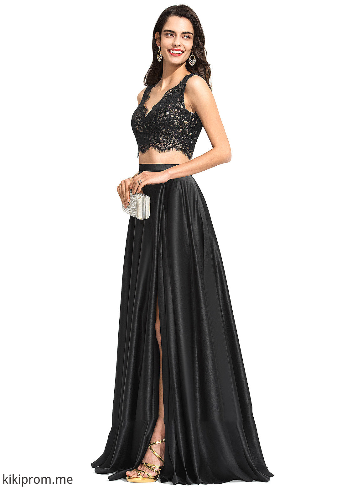 Front Satin Floor-Length With Split A-Line Prom Dresses V-neck Ruth