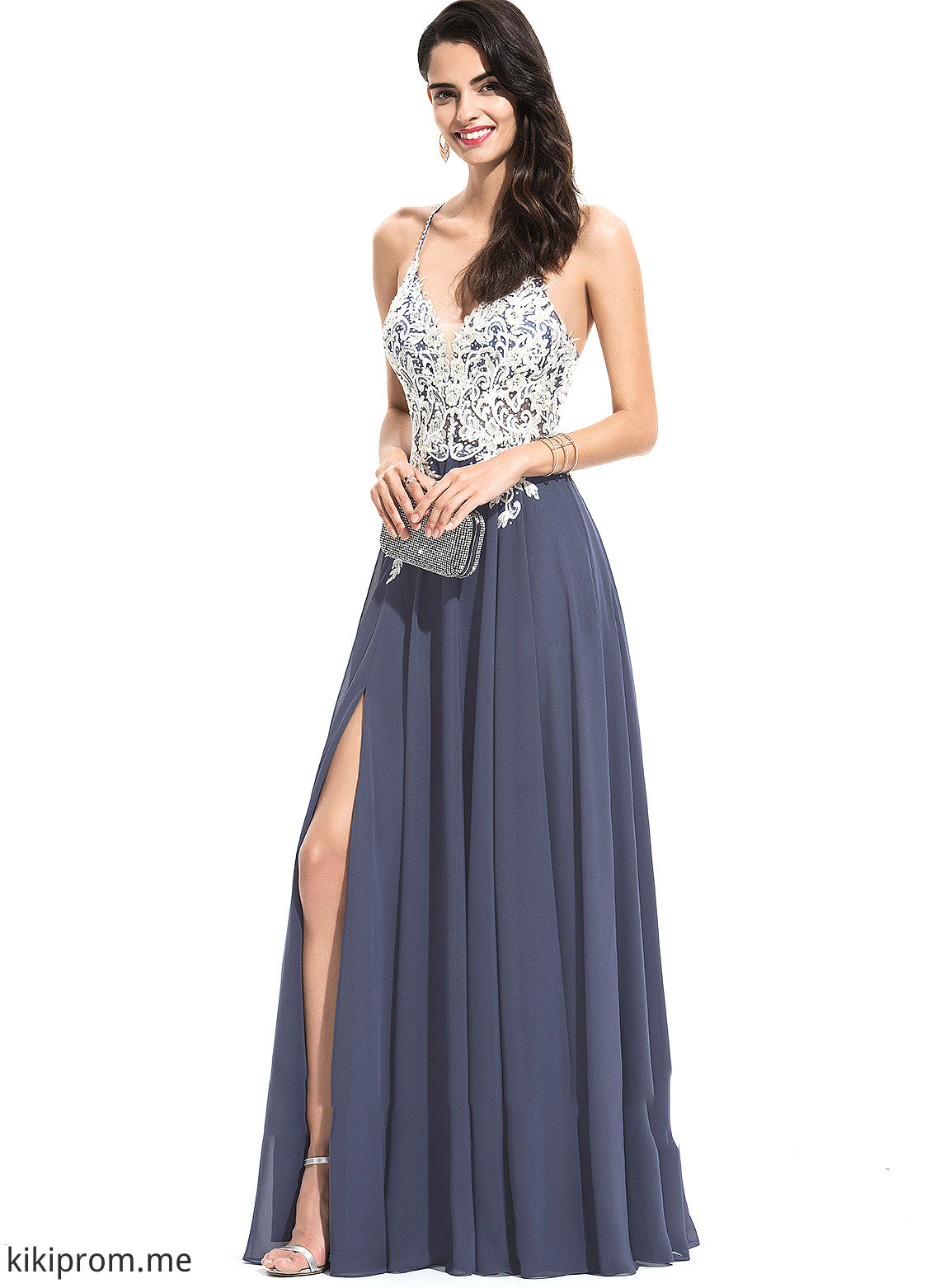 Chiffon Nicky Front Beading Floor-Length With Lace A-Line Prom Dresses Sequins Split