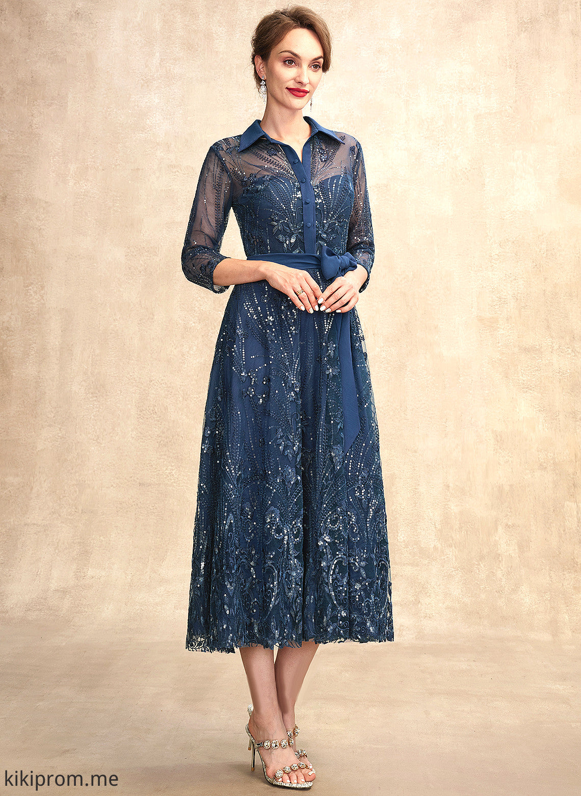 Bow(s) Bride Prudence Tea-Length With Mother Sequins A-Line of V-neck Dress Lace Mother of the Bride Dresses Chiffon the