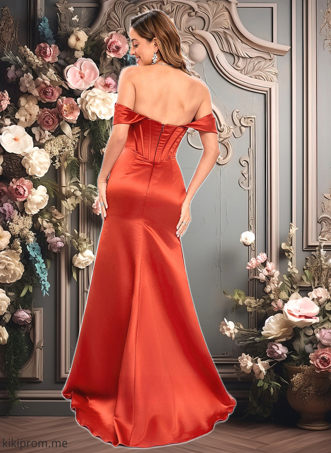 Scarlet Trumpet/Mermaid Off the Shoulder Sweep Train Satin Prom Dresses HFP0025832