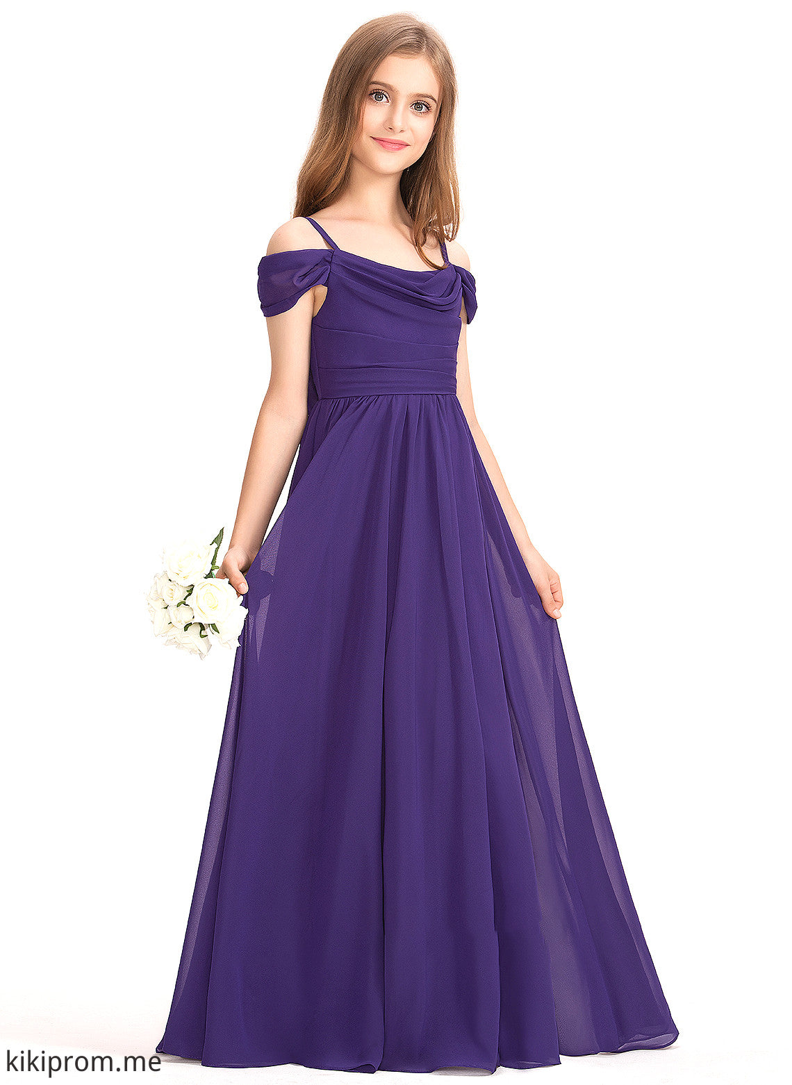 With A-Line Junior Bridesmaid Dresses Floor-Length Off-the-Shoulder Kit Chiffon Ruffle