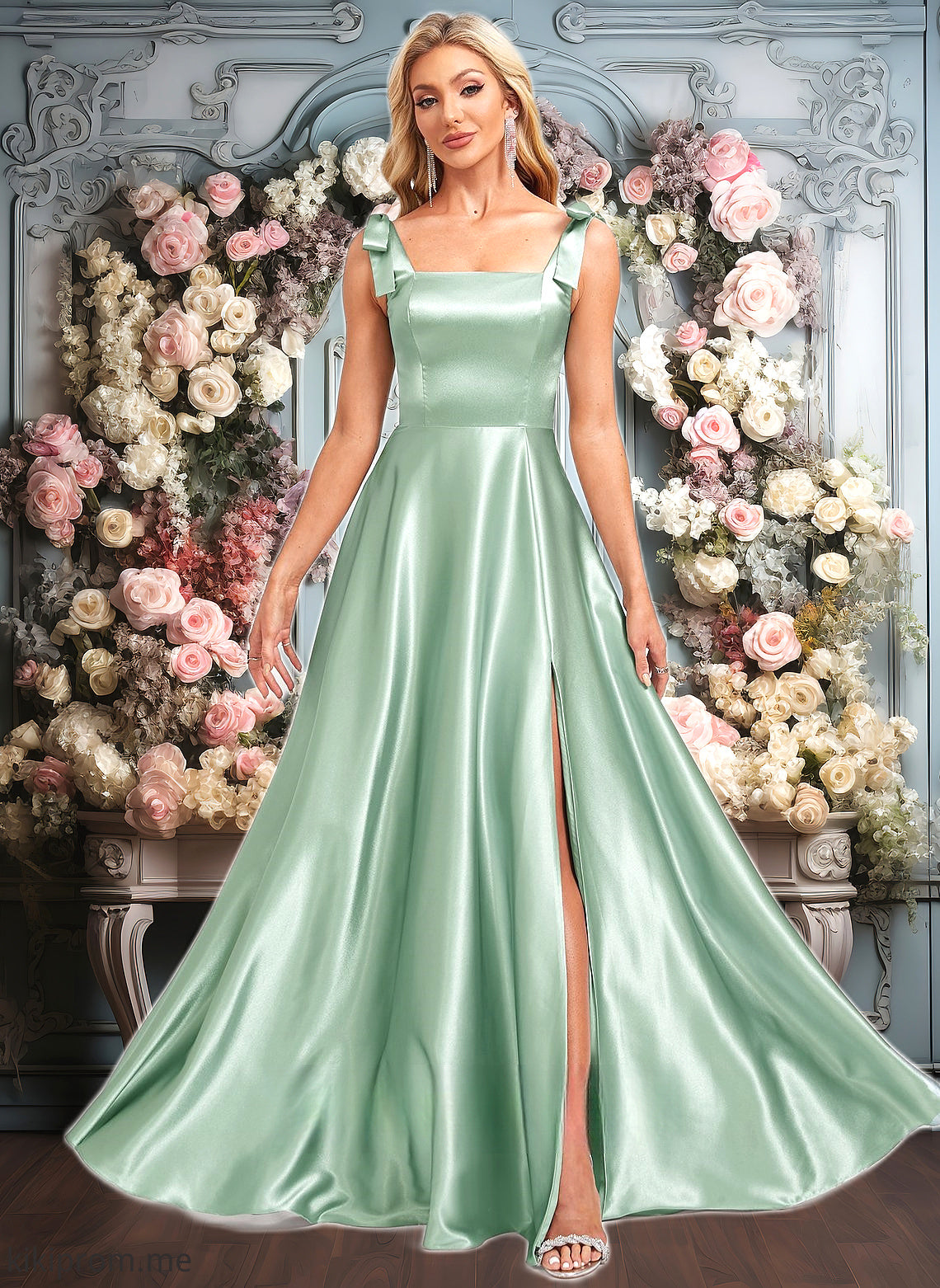 Everleigh A-line Square Floor-Length Stretch Satin Bridesmaid Dress With Bow HFP0025788