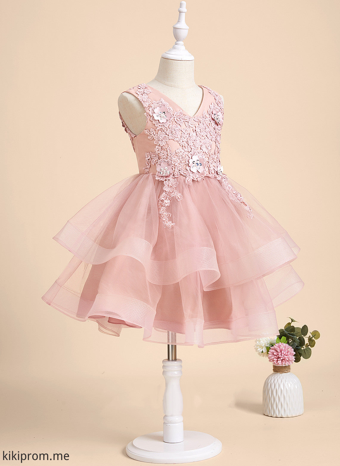 Flower Girl Dresses Sleeveless Beading/Flower(s)/Sequins Tulle/Lace Dress - V-neck With Flower A-Line Knee-length Jaylene Girl