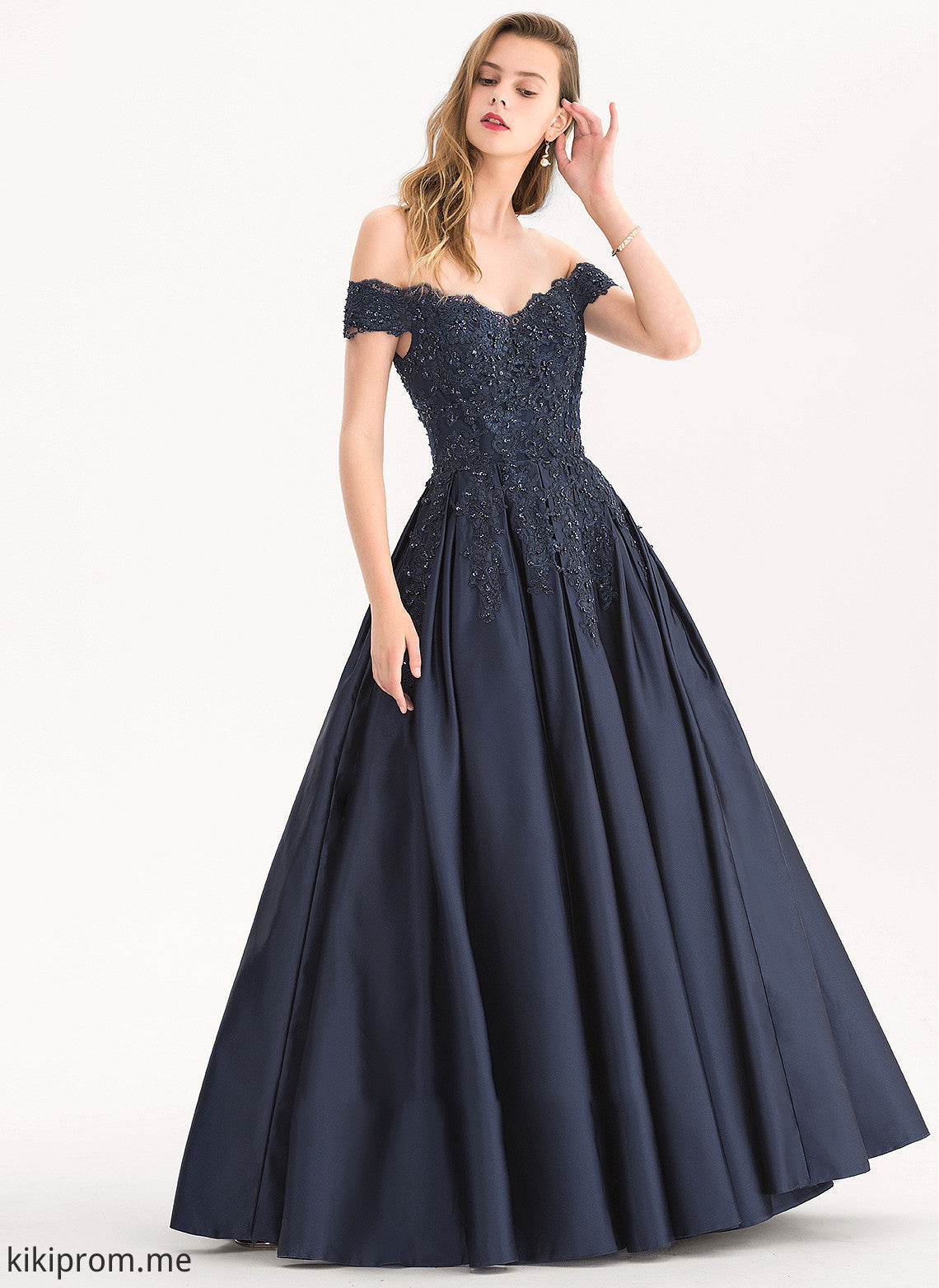 With Prom Dresses Ball-Gown/Princess Kaitlynn Floor-Length Off-the-Shoulder Beading Sequins Satin