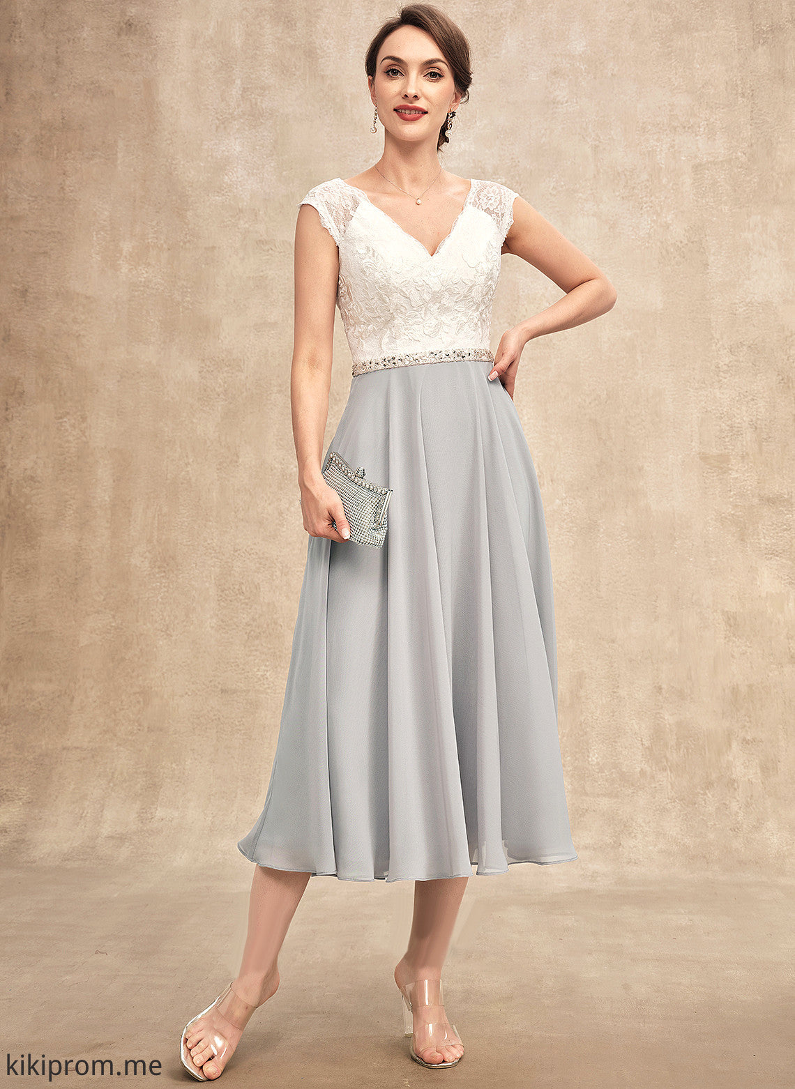 V-neck Tea-Length Dress Mother Chiffon Lace Bride the Beading of Nataly A-Line With Mother of the Bride Dresses