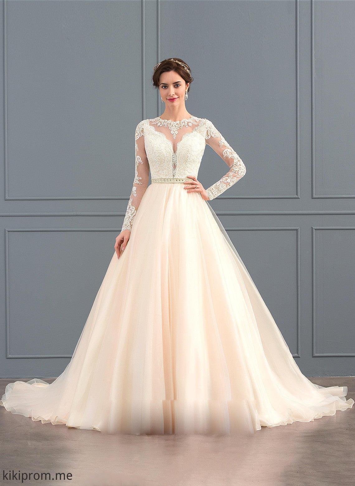 With Amirah Scoop Train Wedding Dresses Wedding Tulle Dress Chapel Ball-Gown/Princess Neck Beading