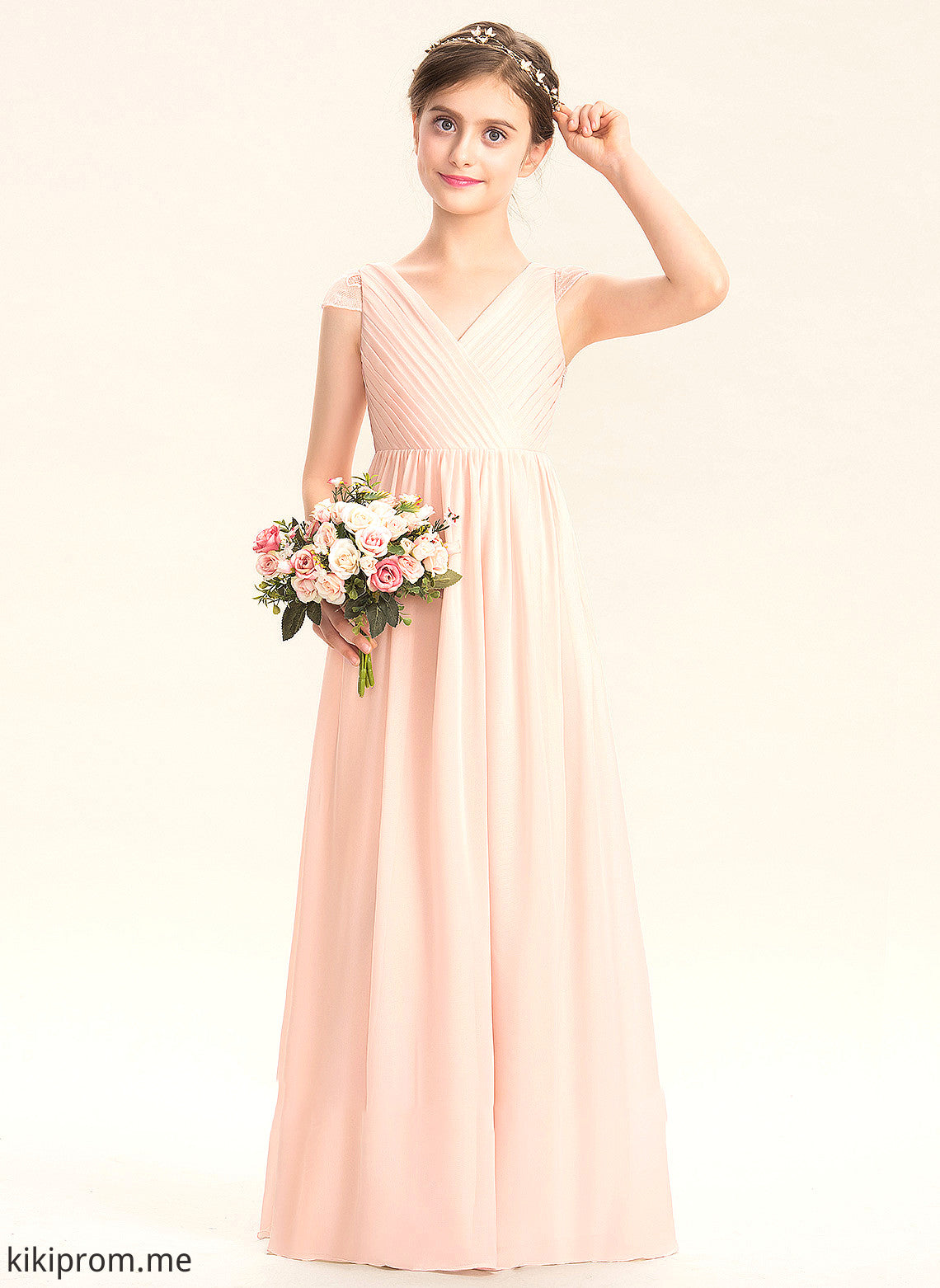 With V-neck A-Line Floor-Length Tess Chiffon Lace Ruffle Junior Bridesmaid Dresses